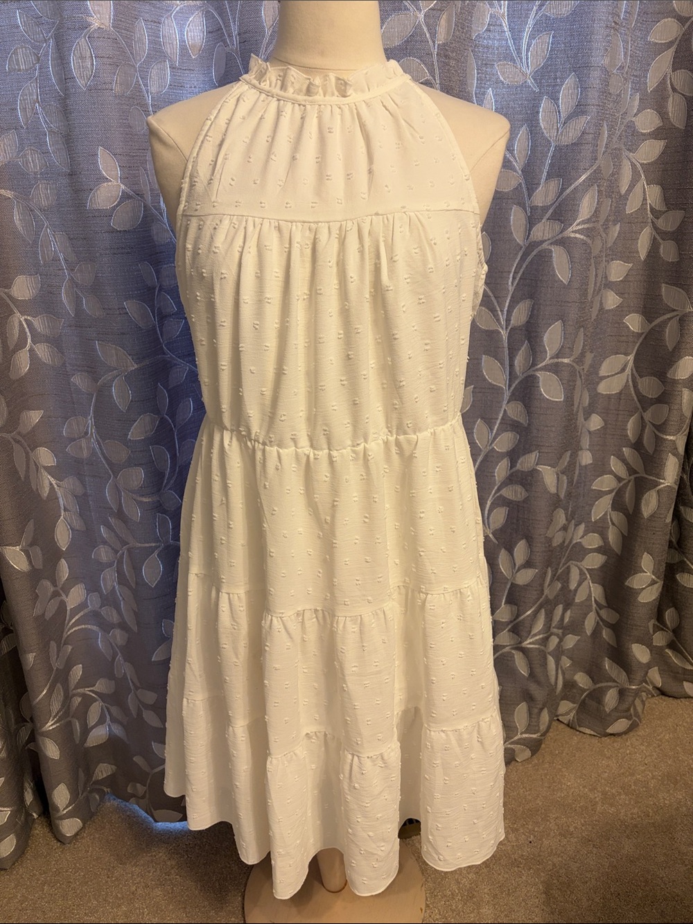 Sleeveless White Tiered Halter Midi Dress